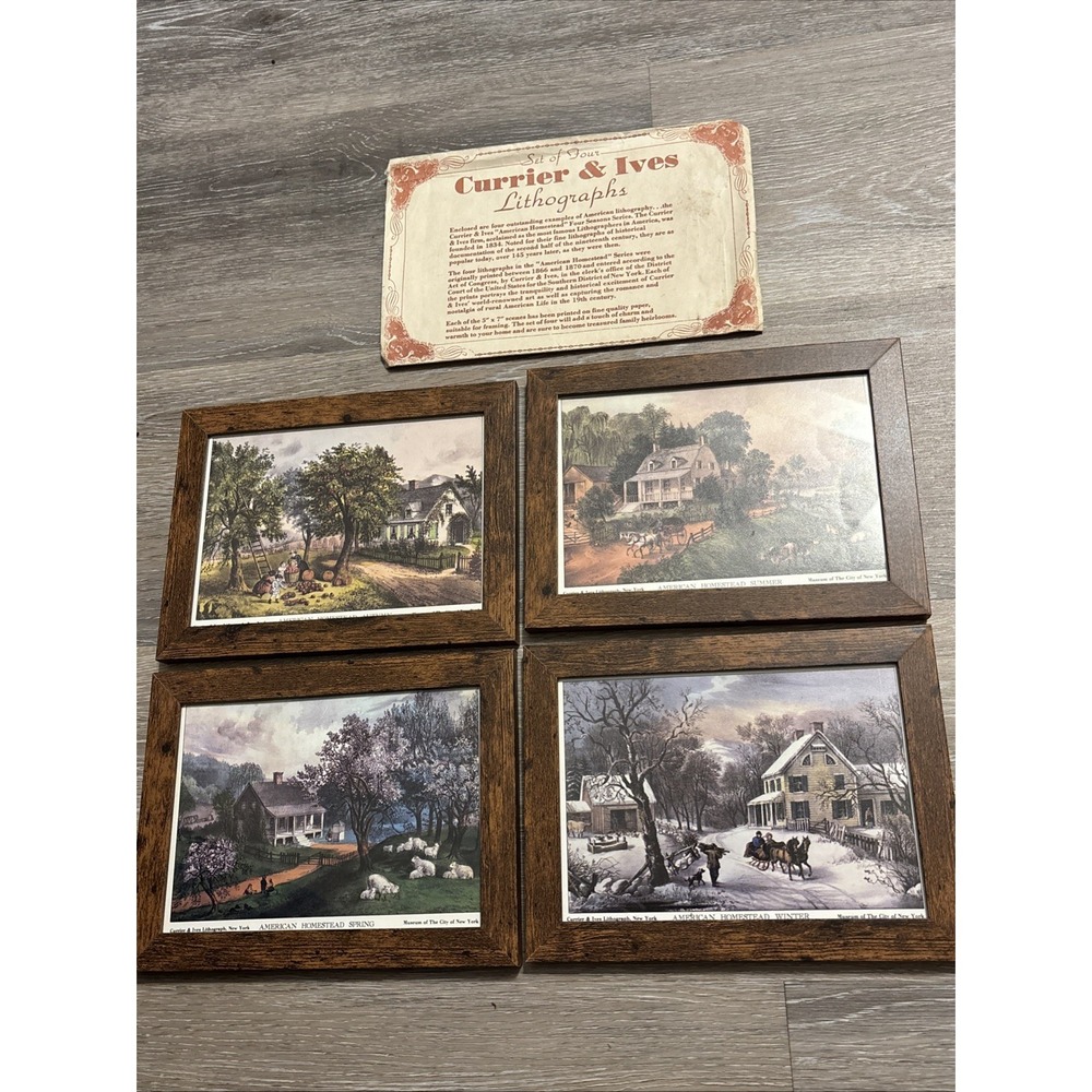Framed Currier & Ives American Homestead Prints 5x7 Set of 4 Four Seasons Wood